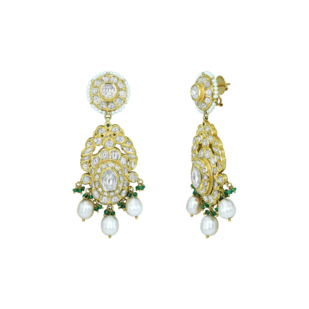 Polki Earrings with Pearls and Emerald Beads